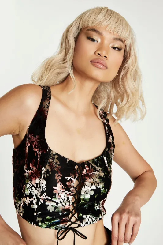 Glamorous Black Multi Devore Lace-up Corset Crop Top sold by Glamorous
