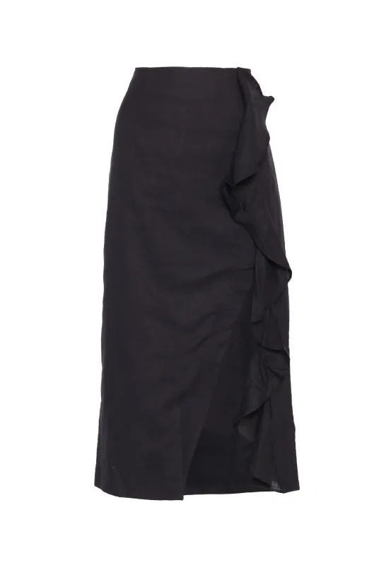 Glamorous Black Linen Look Midi Skirt with Front Side Split and Ruffle Hem made by Glamorous