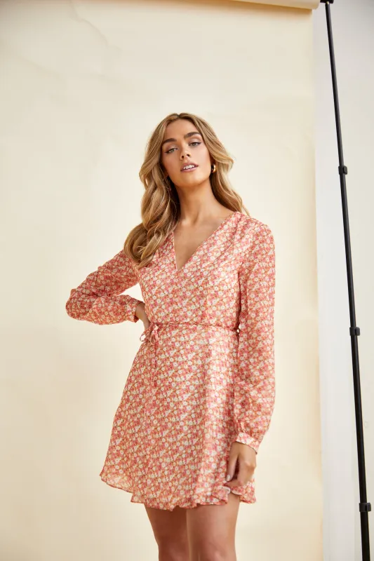 Glamorous Low V-Neck Mini dress with Long Sleeves & Waist Tie sold by Glamorous