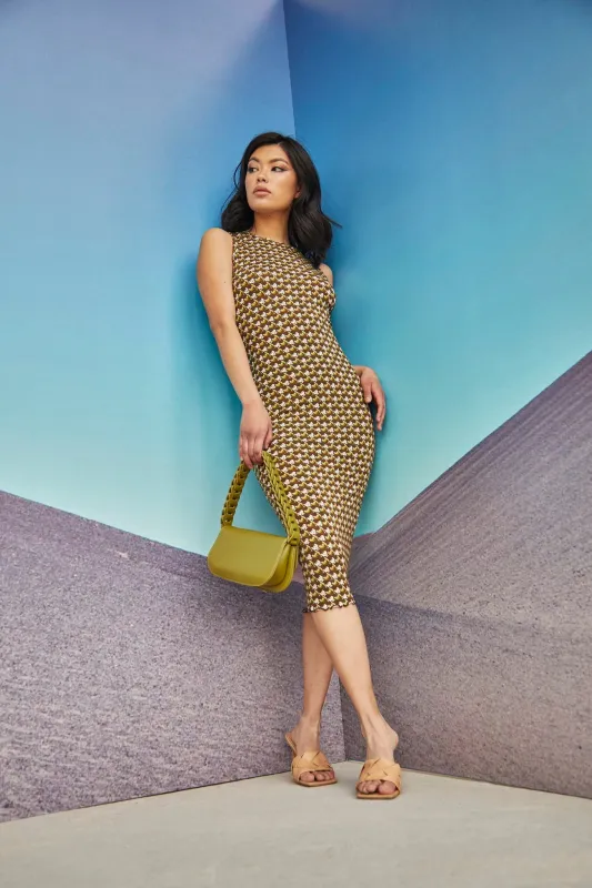 Glamorous Care Khaki Hounds tooth High Neck Midi Dress sold by Glamorous