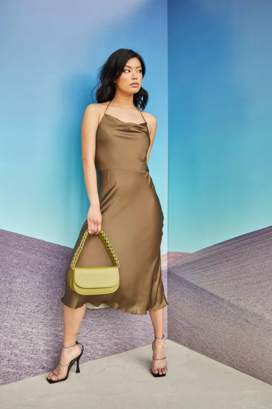 Glamorous Care Khaki Satin Cowl Neck Midi Dress sold by Glamorous