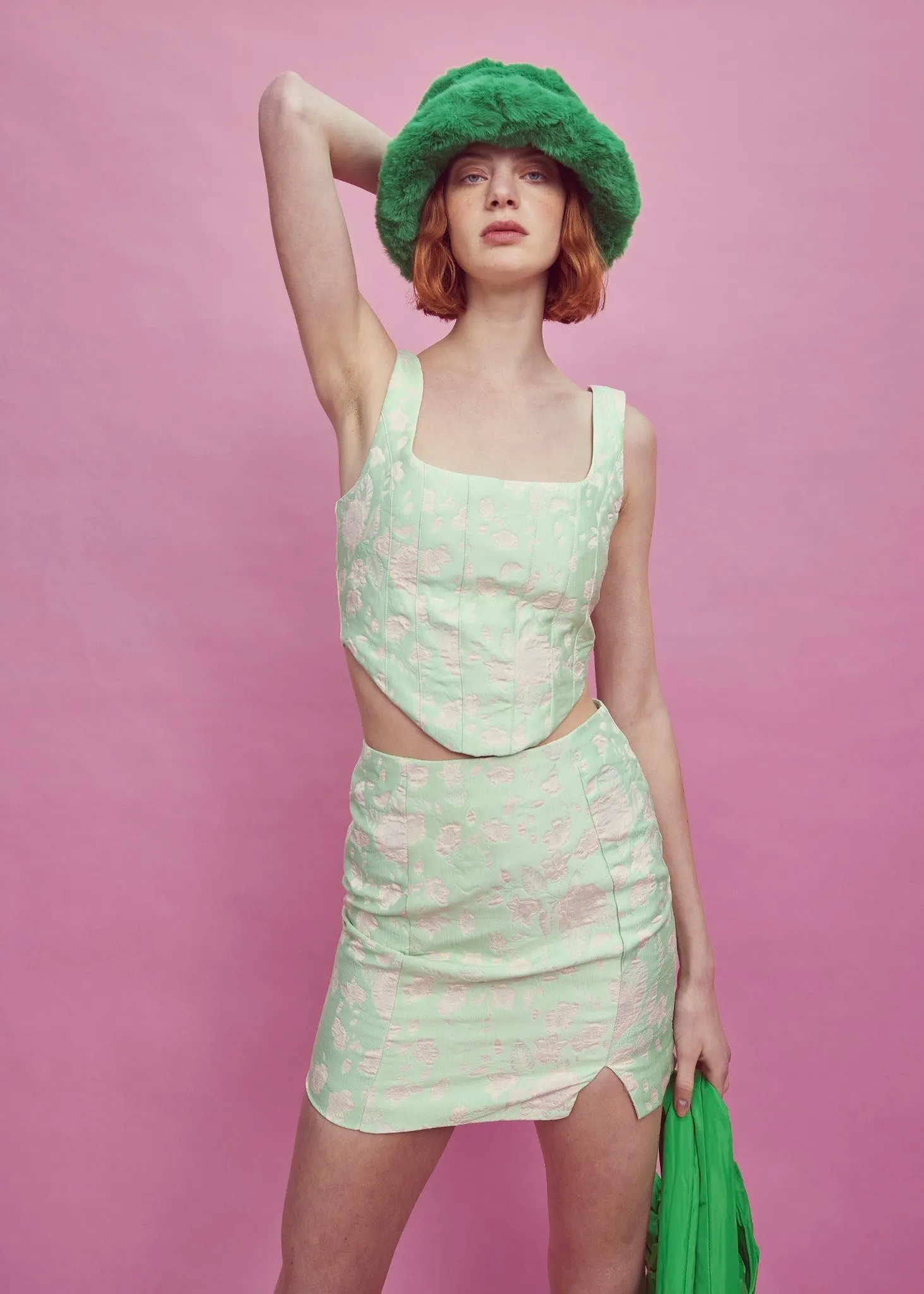 Green-Pink Brocade Side Split Mini Skirt sold by Glamorous product image thumbnail 3