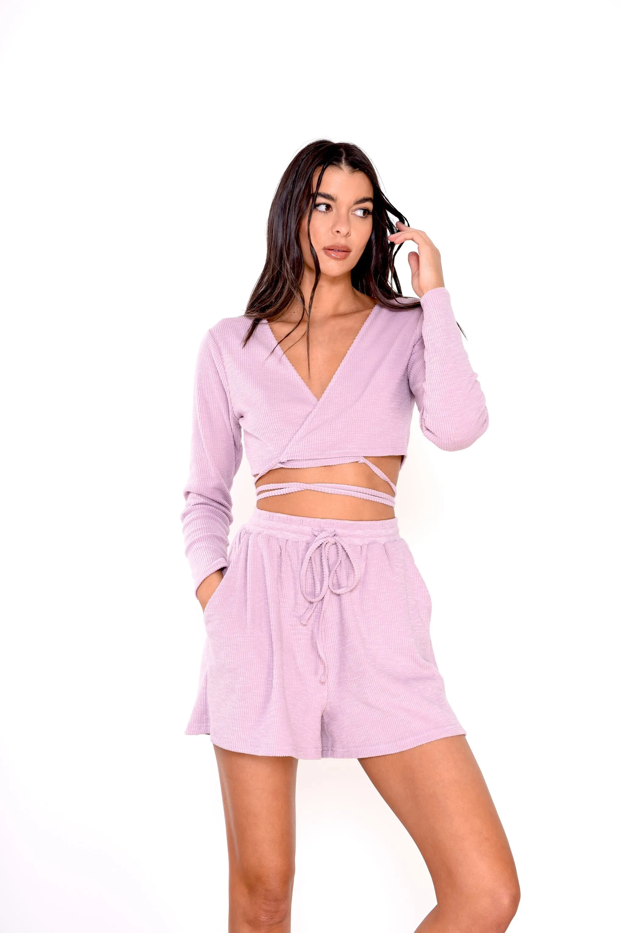 Glamorous Lilac Pink Velour Rib Wrap Crop Top sold by Glamorous product image thumbnail 3