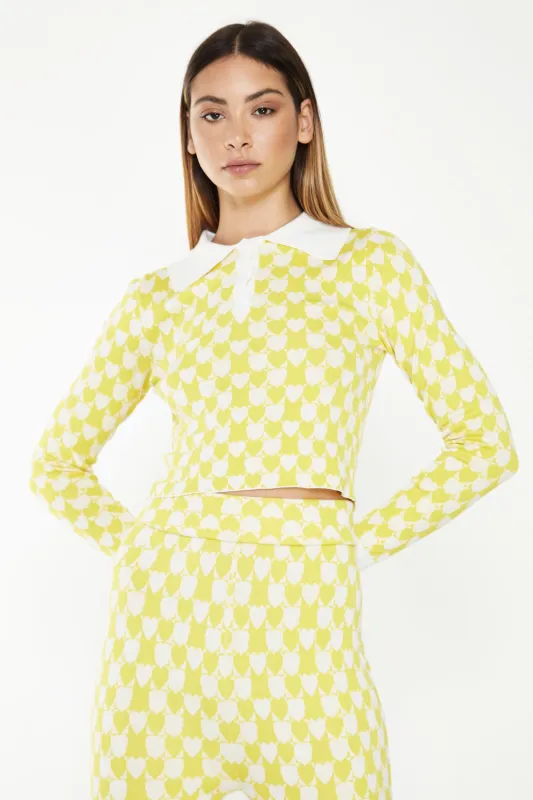 Glamorous Yellow White Heart Collar Long Sleeve Crop Top made by Glamorous