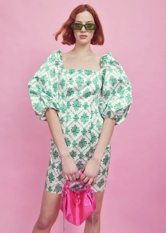 White-Green Damask Puff Sleeve Mini Dress made by Glamorous