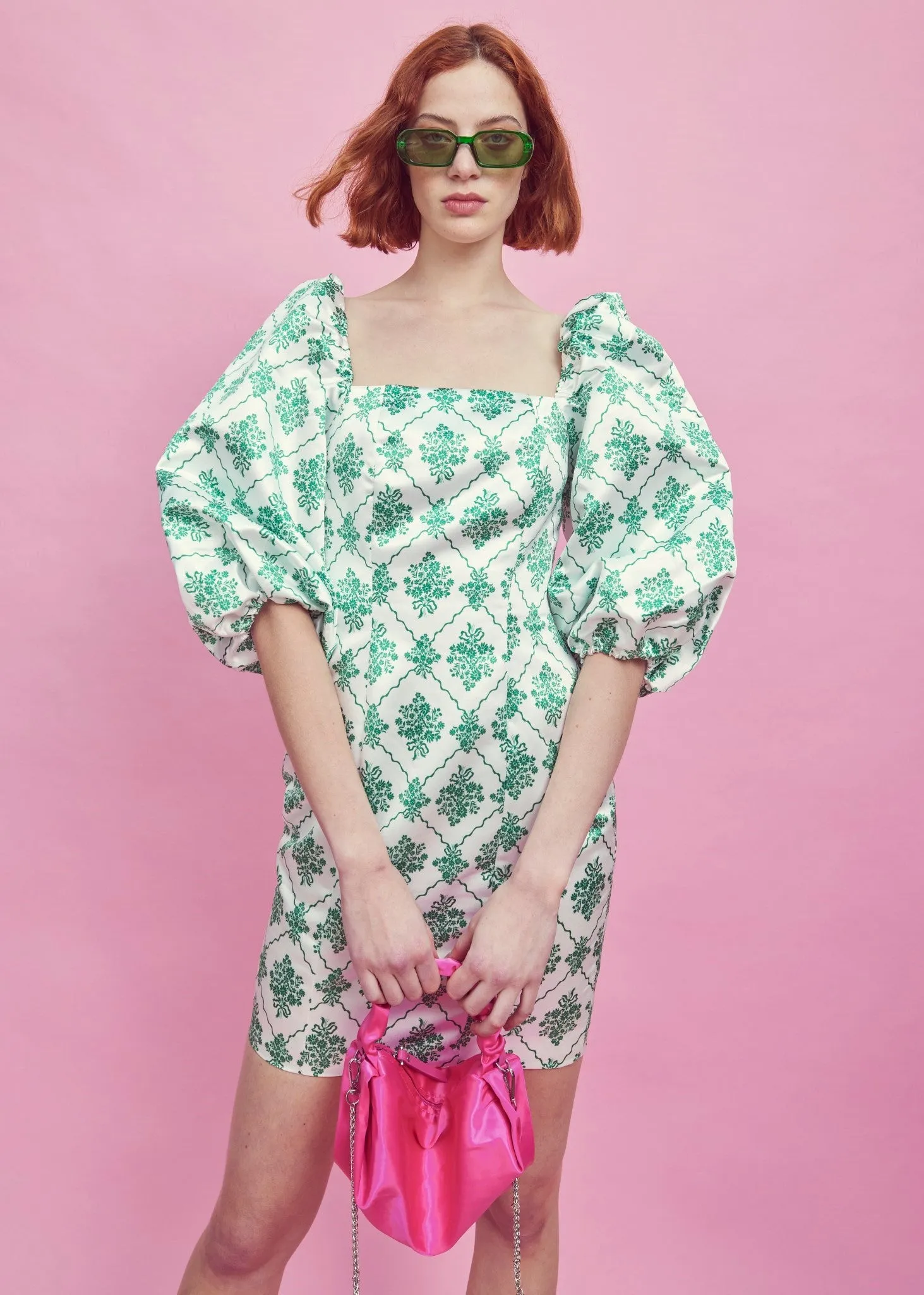 White-Green Damask Puff Sleeve Mini Dress sold by Glamorous