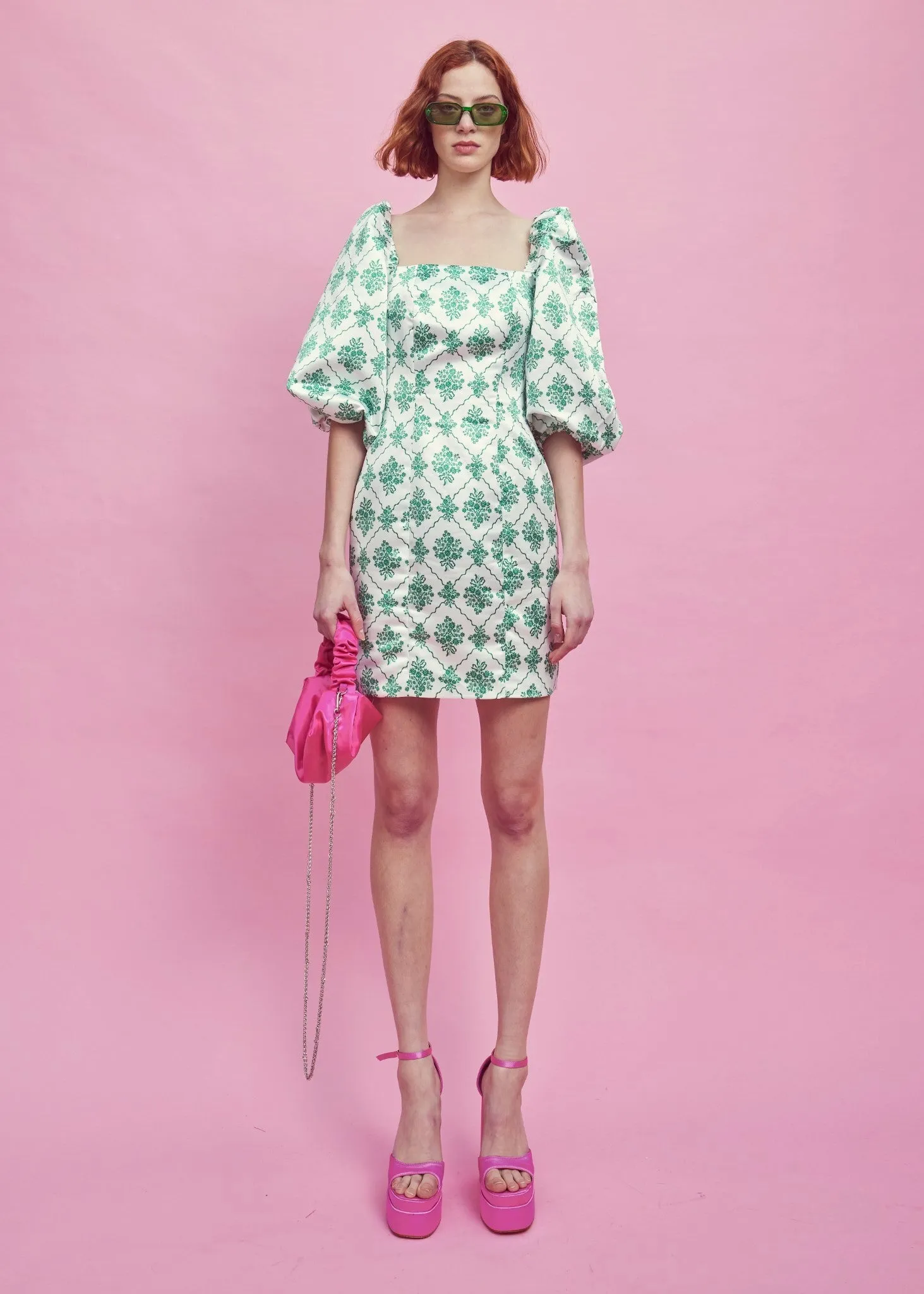 White-Green Damask Puff Sleeve Mini Dress sold by Glamorous product image thumbnail 3