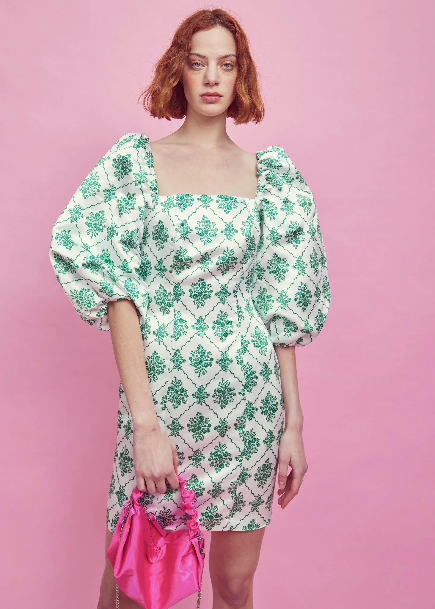 White-Green Damask Puff Sleeve Mini Dress sold by Glamorous product image thumbnail 4