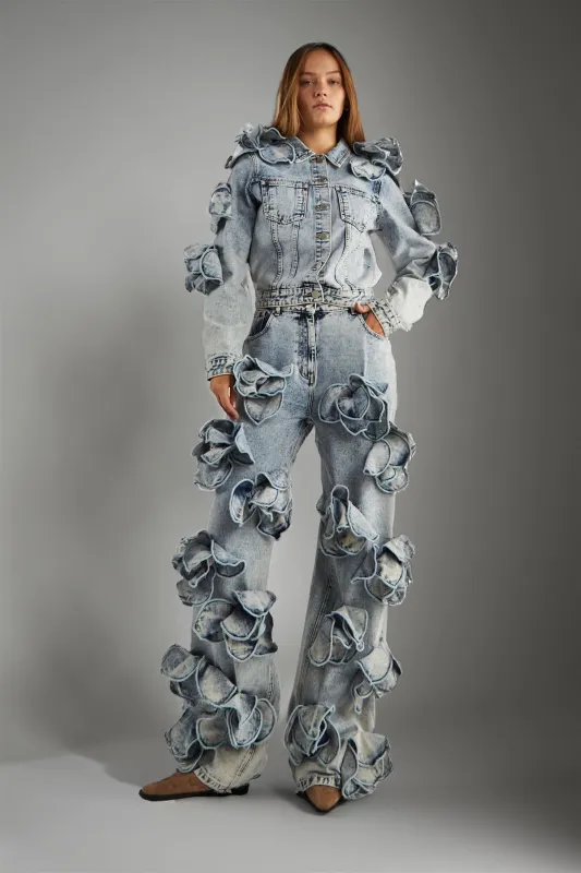 Acid Wash Flared Jeans with Abstract Floral Detail made by Glamorous