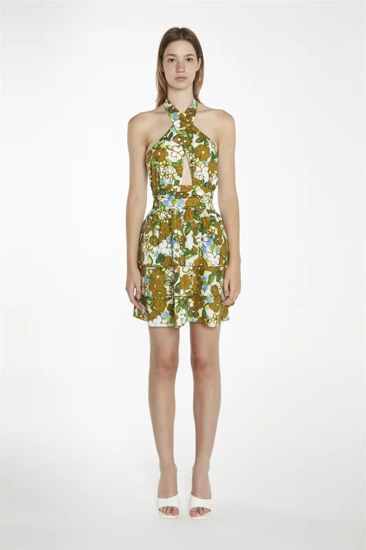 Large-Brown-Green-Floral Crossover-Halter-Neck-Rara- Mini-Dress made by Glamorous