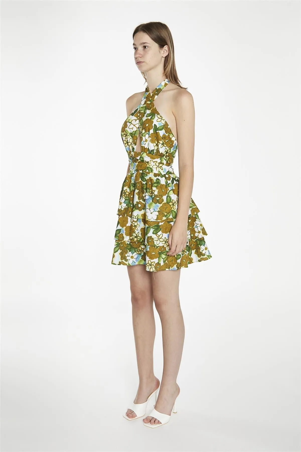 Large-Brown-Green-Floral Crossover-Halter-Neck-Rara- Mini-Dress sold by Glamorous product image thumbnail 4