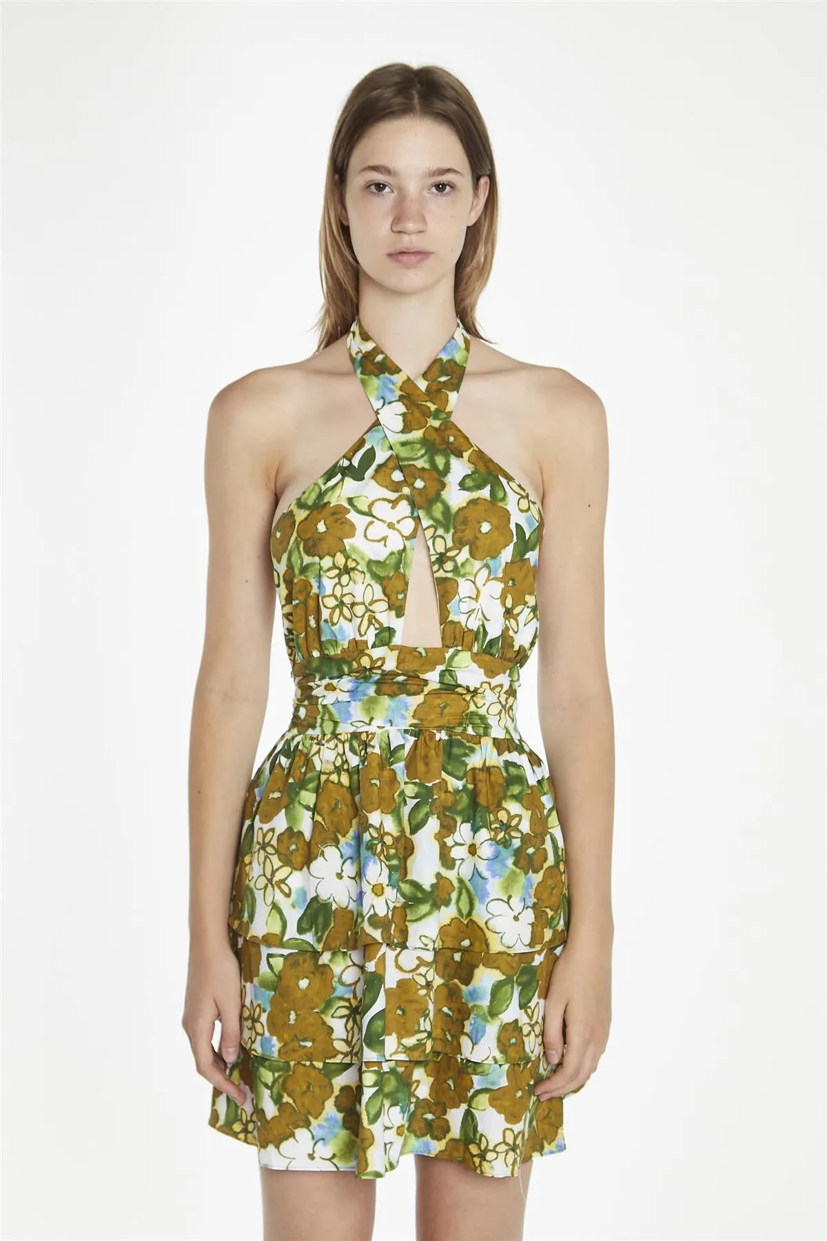 Large-Brown-Green-Floral Crossover-Halter-Neck-Rara- Mini-Dress sold by Glamorous product image thumbnail 3
