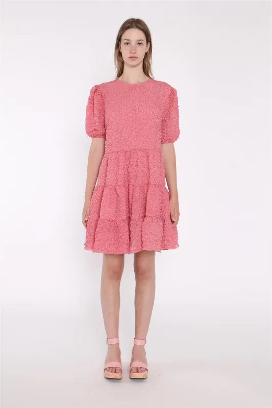 Textured-Rose Puff-Sleeve-Tiered Mini-Dress sold by Glamorous