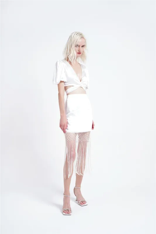 White Fringe Pencil Mini-Skirt sold by Glamorous
