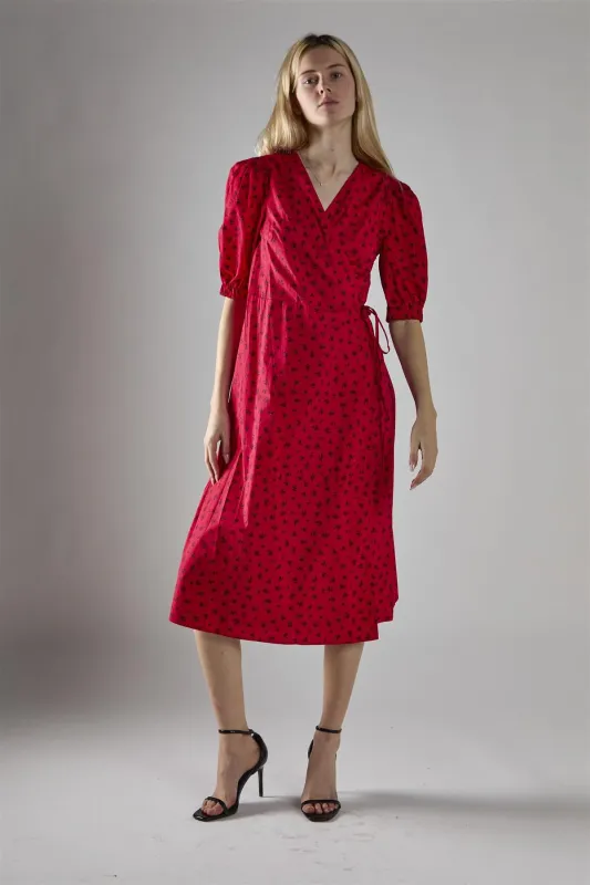 Red Ditsy V-Neck Wrap Midi-Dress sold by Glamorous