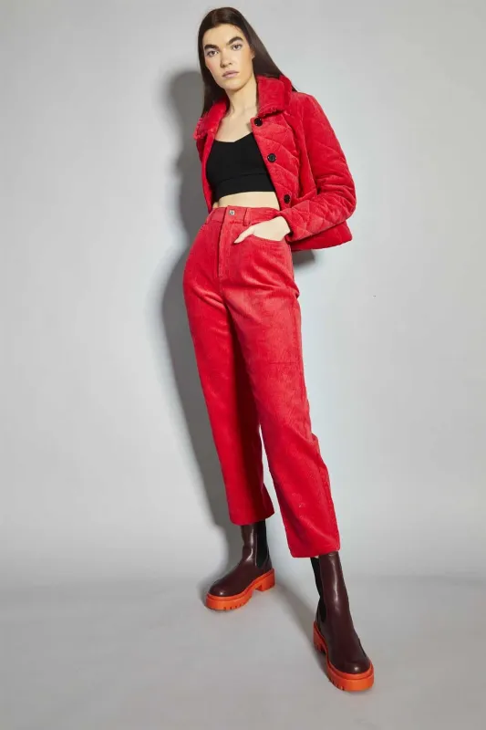 Lollipop-Red Corduroy Collared Padded-Jacket made by Glamorous
