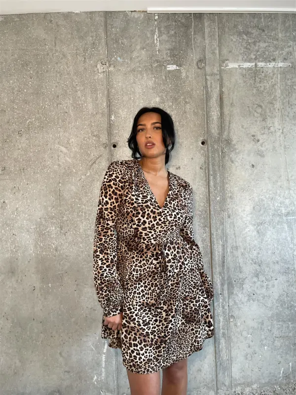 Brown - Natural Leopard Tie-Wrap Midi-Dress sold by Glamorous