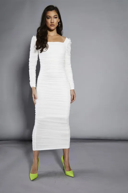 White-Mesh Gathered Maxi-Dress sold by Glamorous