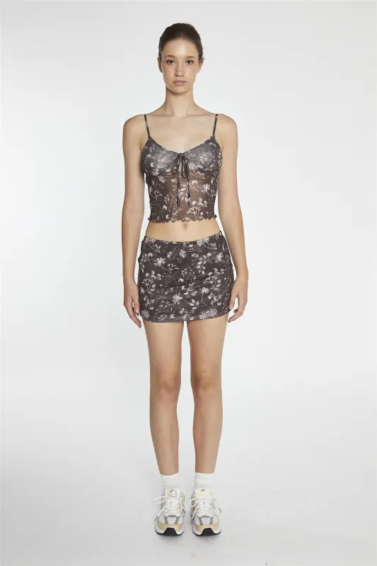 Brown-Floral Mesh Bodycon Mini-Skirt sold by Glamorous