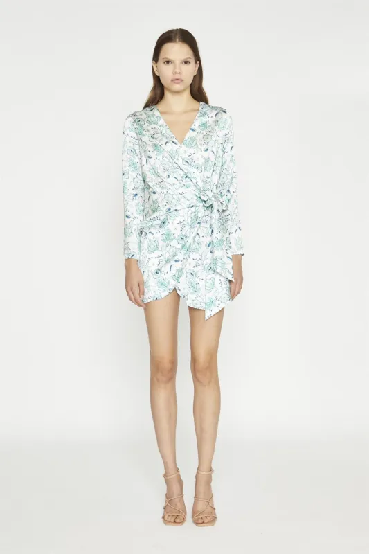 White-Mint Paisley Satin Wrap Mini-Dress sold by Glamorous