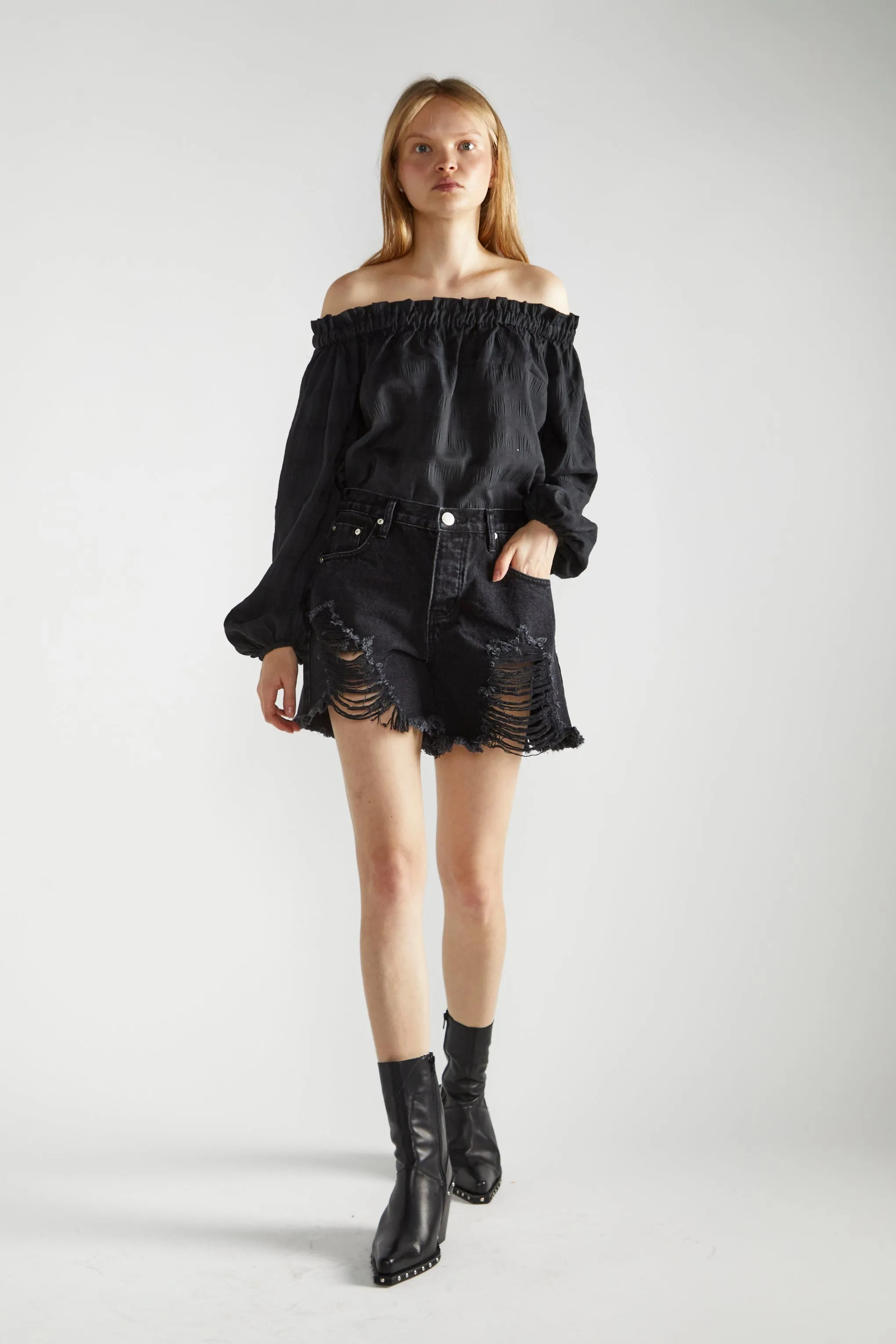 Washed Black Distressed Denim Shorts sold by Glamorous