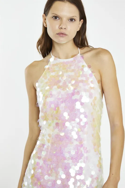 Iridescent Large-Sequin Lace-Up Halterneck Mini-Dress made by Glamorous