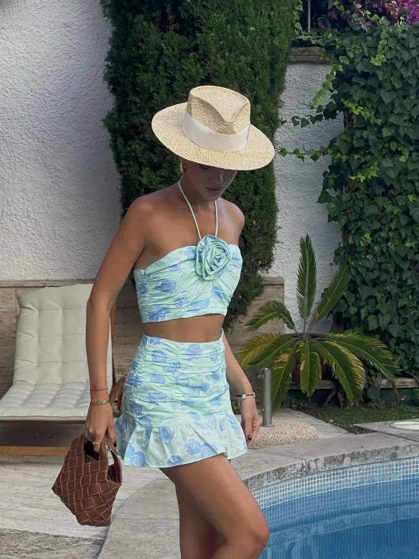 Sasha Co-ord Ruched Corsage Crop-Top -Mint-Blue Floral sold by Glamorous