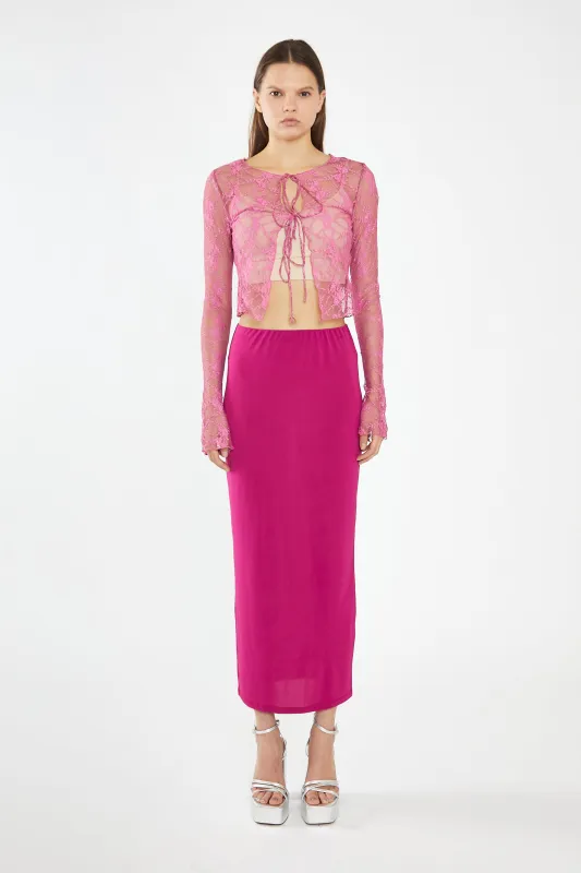 Fuchsia Lace Tie-Front Flare-Sleeve Top sold by Glamorous