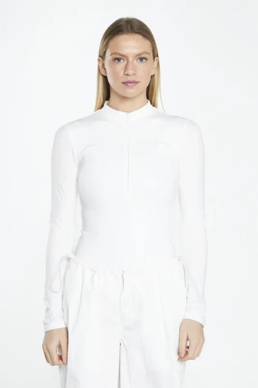 Off White Long-Sleeve Zip-Up Bodysuit sold by Glamorous