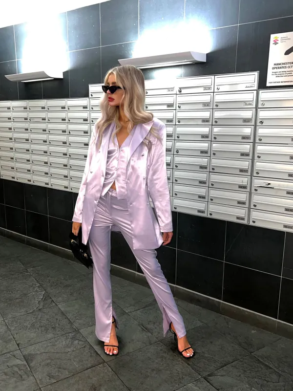 Soft-Lilac Satin Double-Breasted Tailored Blazer sold by Glamorous