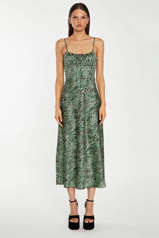 Green-Black Animal Strappy Milkmaid Midi-Dress sold by Glamorous