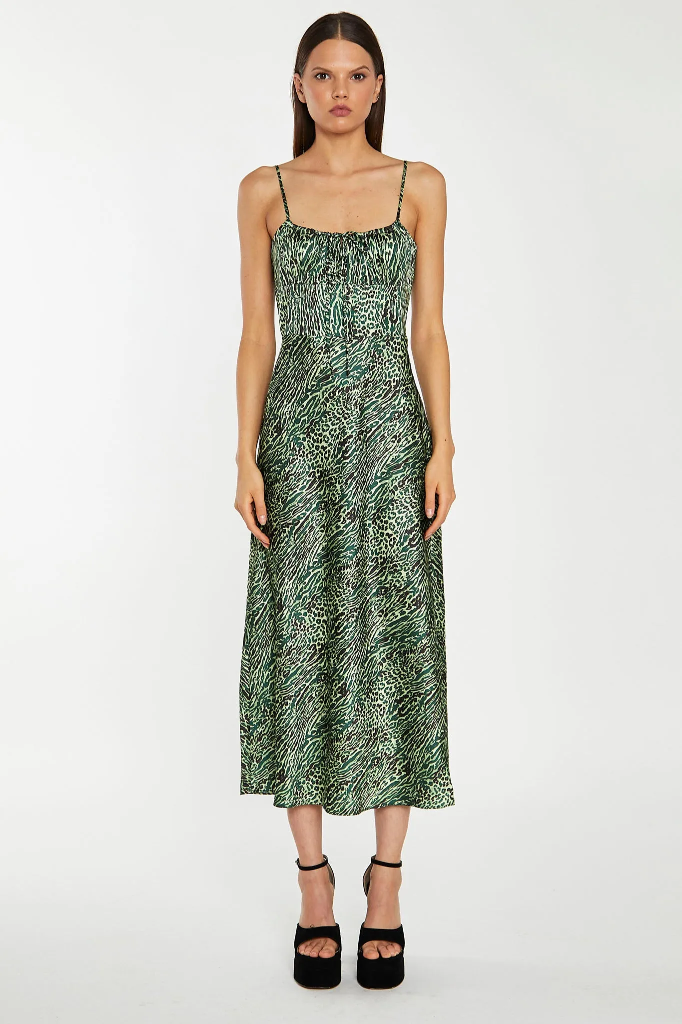 Green-Black Animal Strappy Milkmaid Midi-Dress sold by Glamorous
