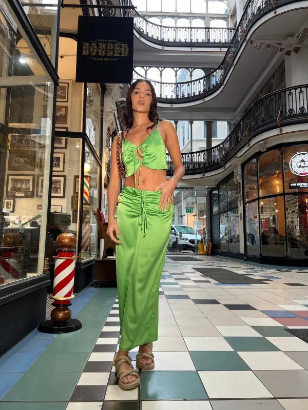 Apple-Green Satin Ruched Midi-skirt sold by Glamorous