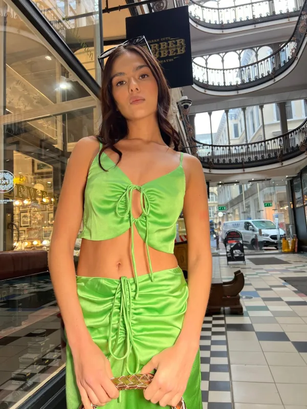 Apple-Green Satin Ruched Keyhole Crop-top sold by Glamorous