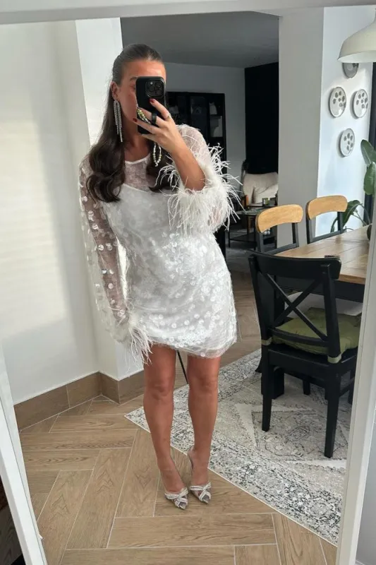 Clear-White Large-Sequin Feather Cuff Mini-Dress made by Glamorous