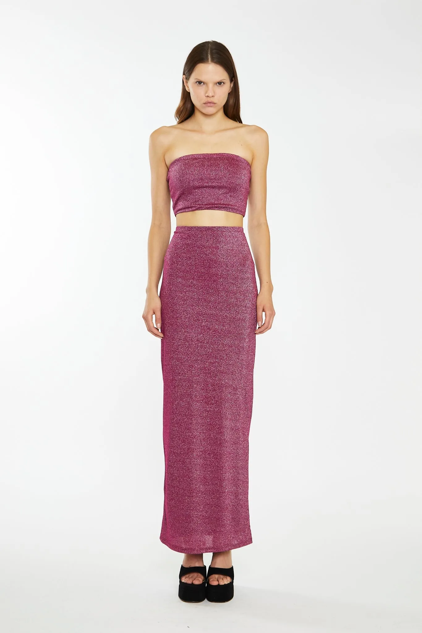 Red-Plum Glitter Straight Maxi-Skirt sold by Glamorous