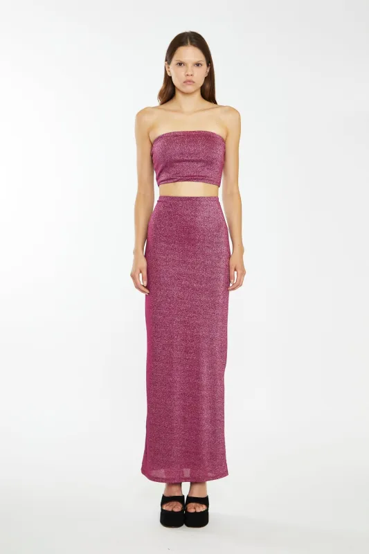 Red-Plum Glitter Bandeau Crop-Top sold by Glamorous