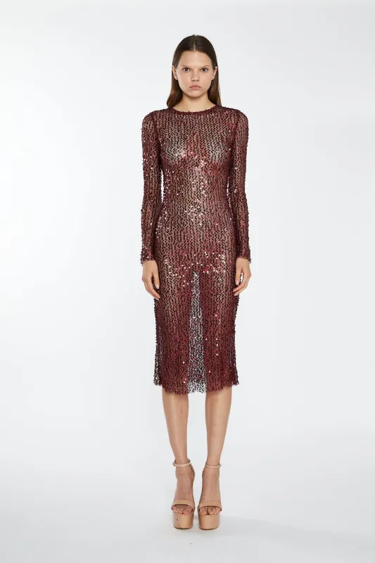 Cabernet Mesh-Sequin Long-Sleeve Midi-Dress sold by Glamorous
