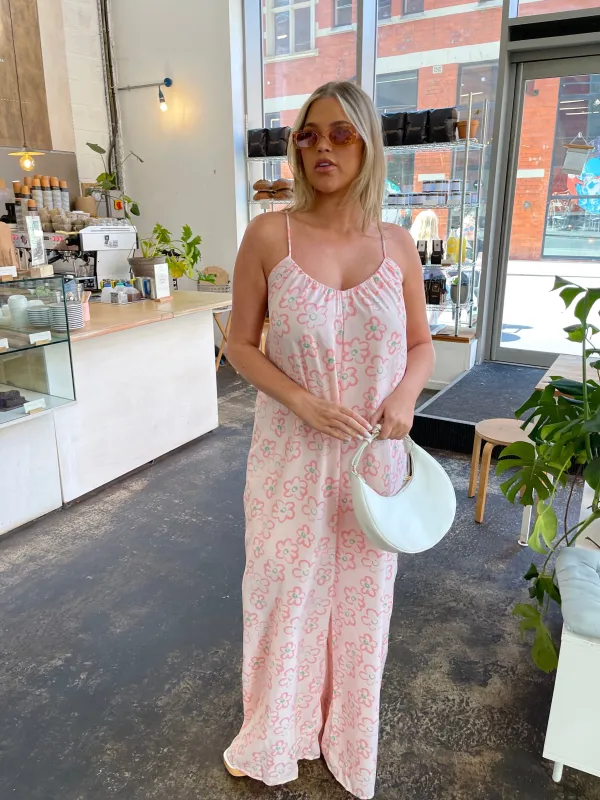 Pink Painted-Daisy Loose-Fit Lace-Up Jumpsuit made by Glamorous