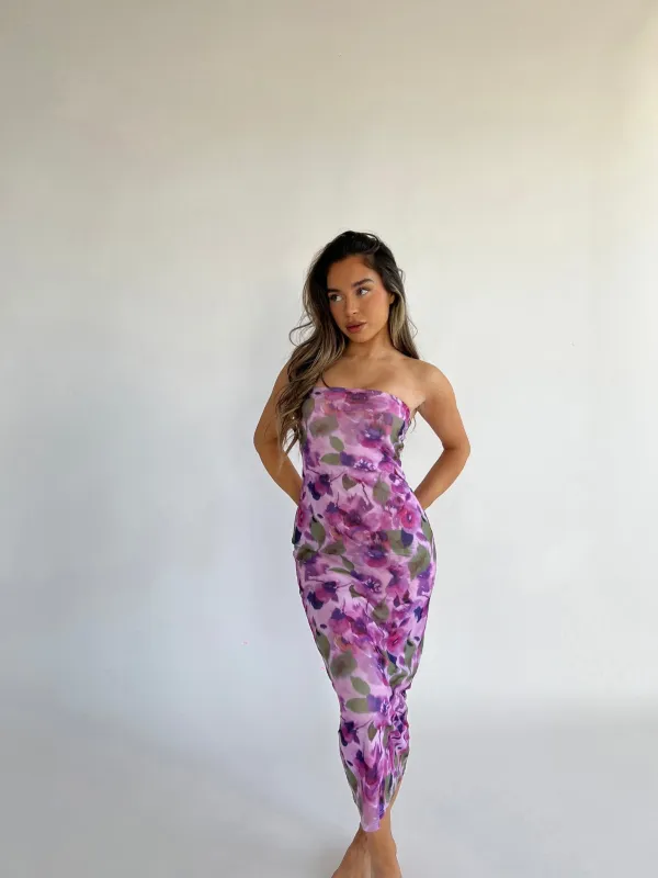 Blurred-Purple Floral Bandeau Midaxi-Dress sold by Glamorous