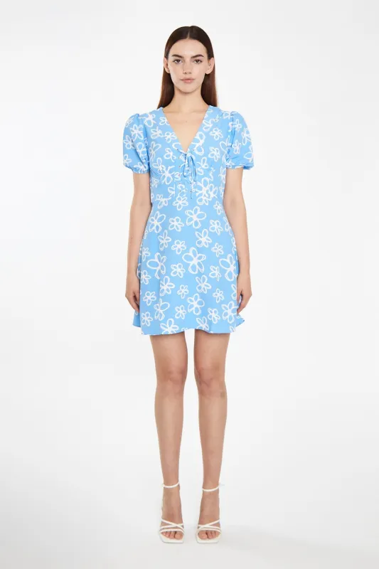 Blue Scribble-Daisy Lace-Up Front Mini-Dress made by Glamorous