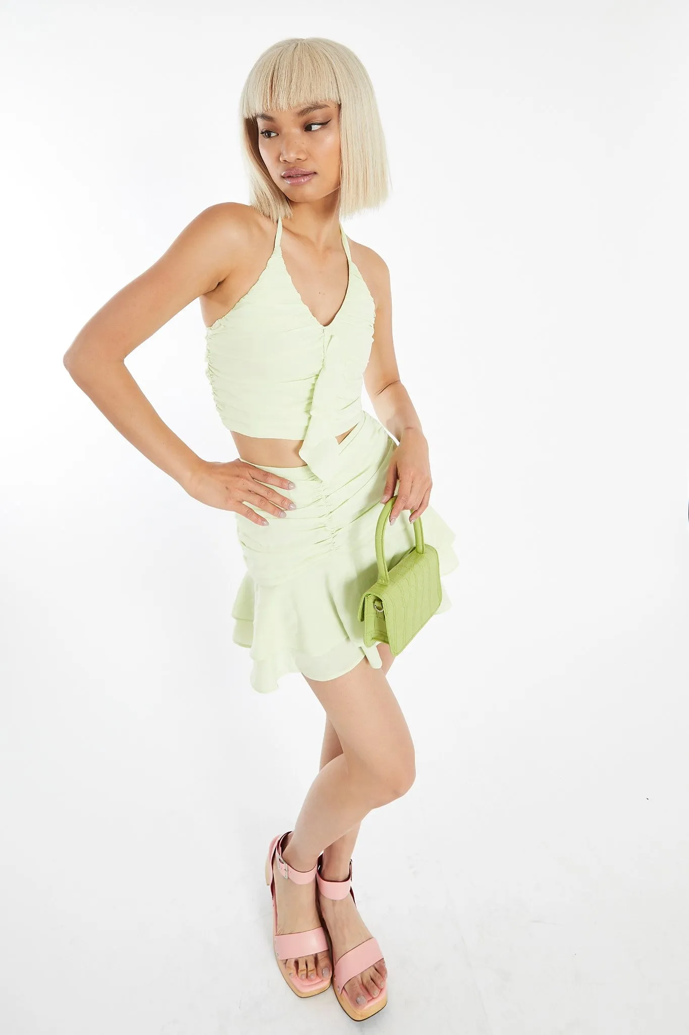 Pale-Lime Ruched Front Ruffle Mini-skirt sold by Glamorous product image thumbnail 4