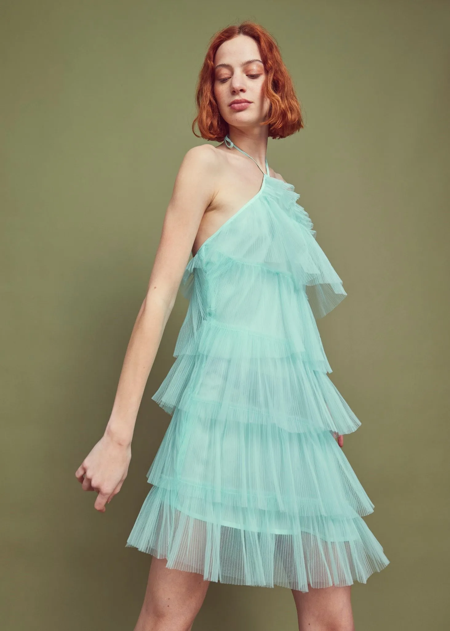 Turquoise Pleated Tulle Halterneck Mini-dress sold by Glamorous product image thumbnail 5