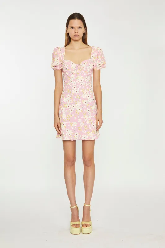 Pink-Olive-Yellow-Flower Puff Sleeve Mini Dress sold by Glamorous