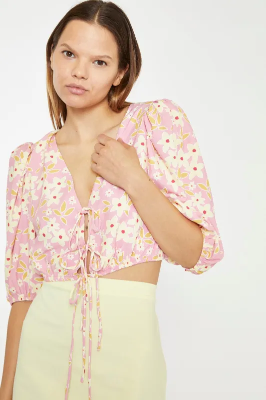Pink-Olive-Yellow-Flower Tie-Front Crop Top sold by Glamorous