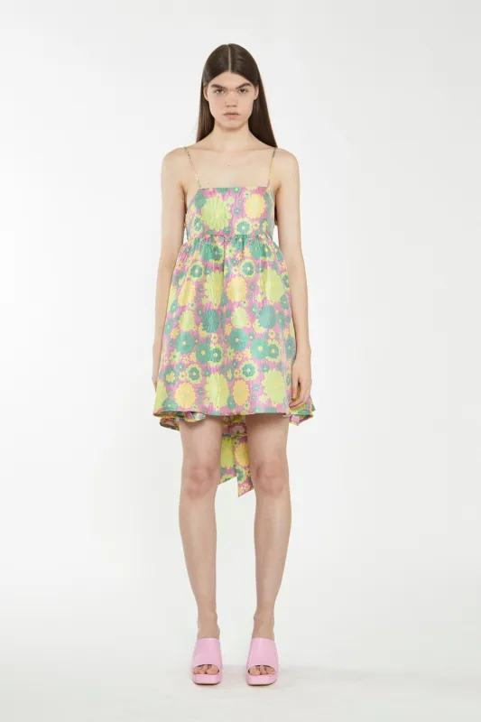 Pink-60s-Flower-Jacquard Tie Detail Mini Dress sold by Glamorous