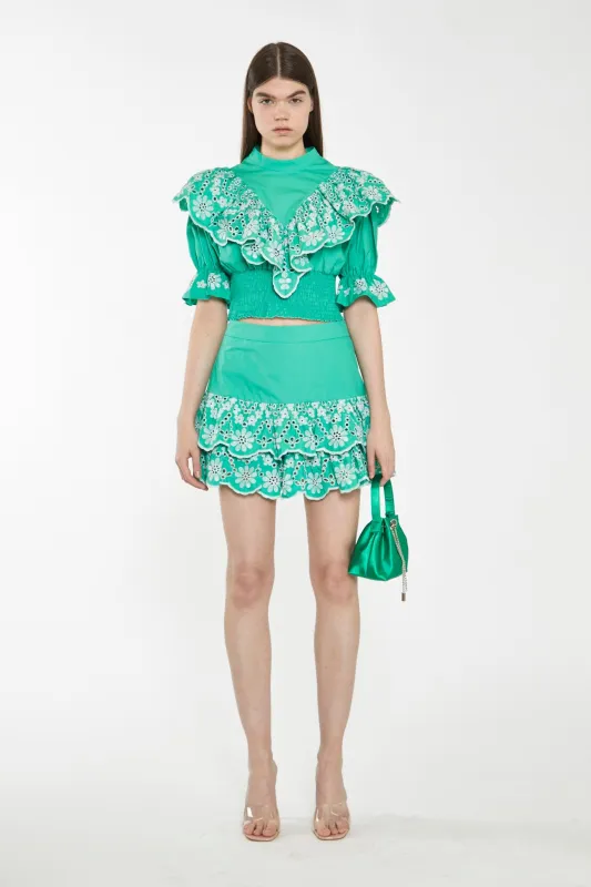 Green Broderie Ruffle Mini Skirt made by Glamorous
