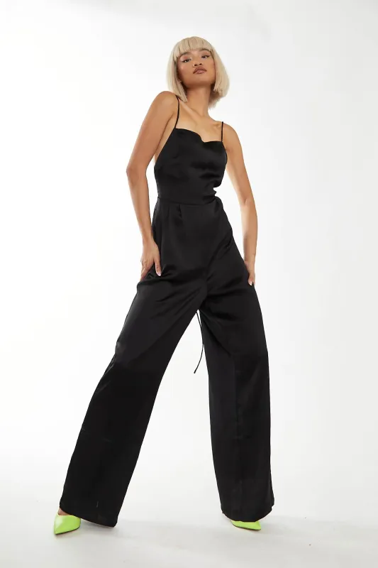 Black Wide Leg Low Tie-back Jumpsuit made by Glamorous