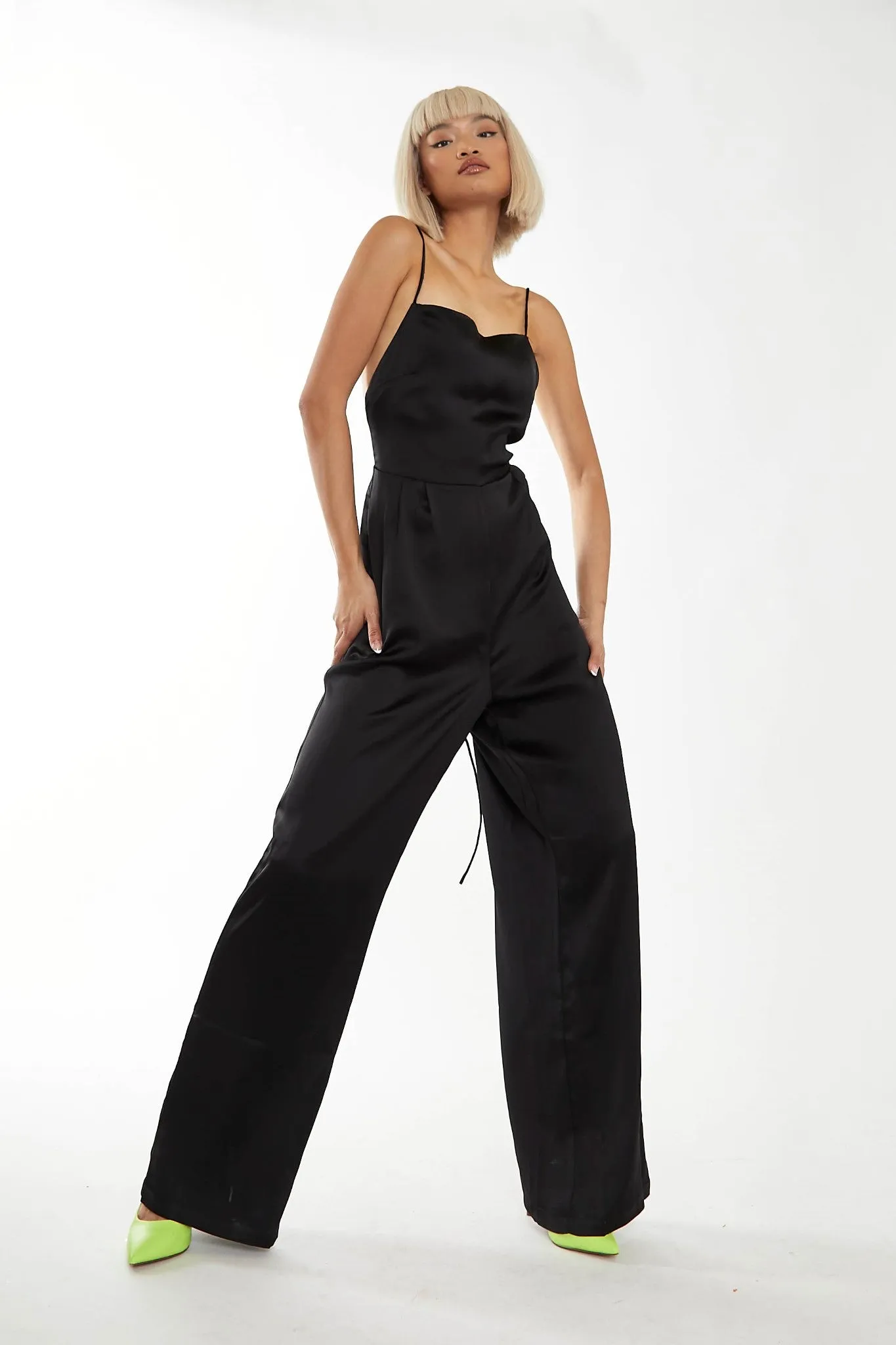 Black Wide Leg Low Tie-back Jumpsuit sold by Glamorous