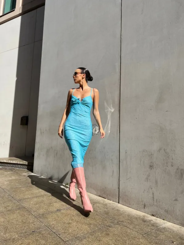 Blue Flower Mesh Midi Dress sold by Glamorous